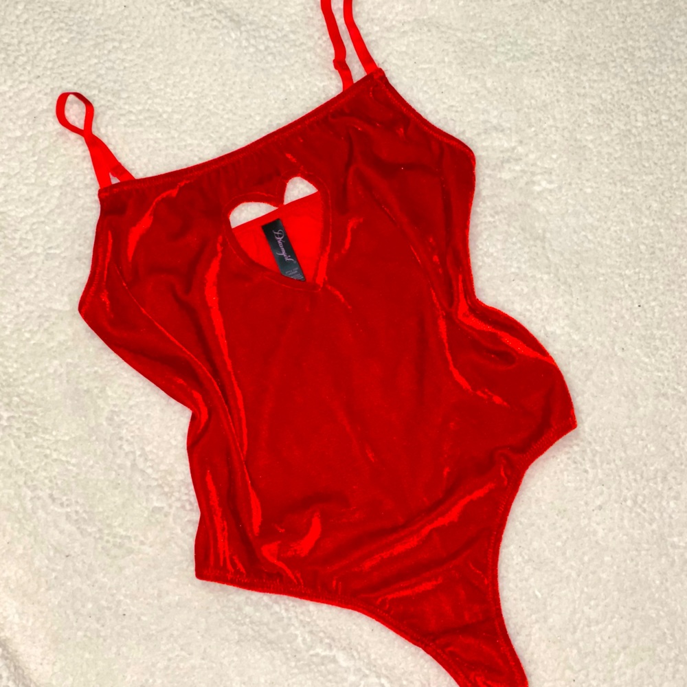Red Velvet Valentine Bodysuit with Heart Cutout Adjustable Size Medium Lingerie